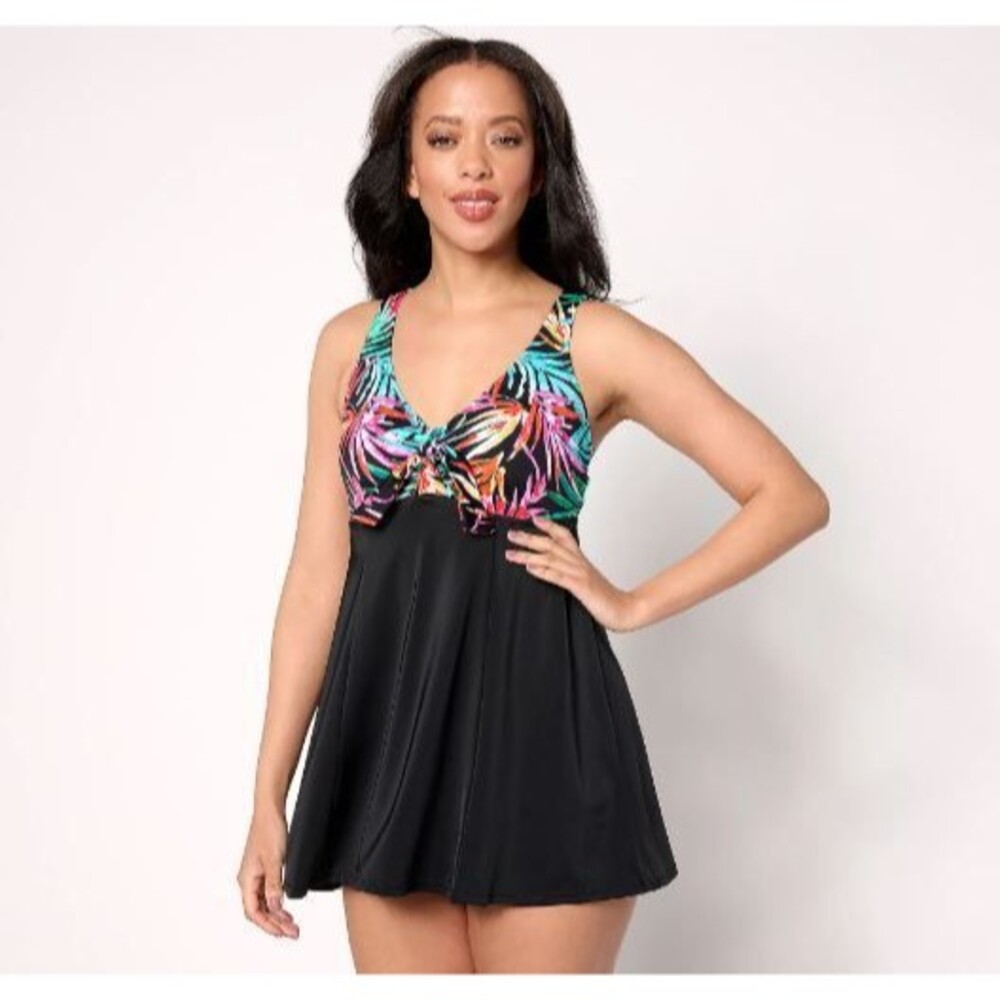 Swimsuits for All Kim Gravel Tie Front Rainbow Palm Black Swim Dress Sz 16